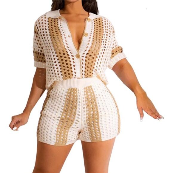 Women's 2-Piece Knitted Shorts Set‎ -Beach Vacation Outfit, Short Sleeve Summer - Picture 1 of 7